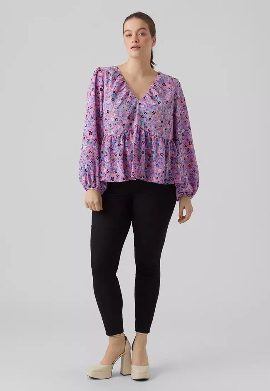 Vero Moda Curve Purple Floral Print Double V Peplum Tiered Blouse - Size 22